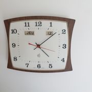 Calendar clock in brown formica, vintage, 50s, functional