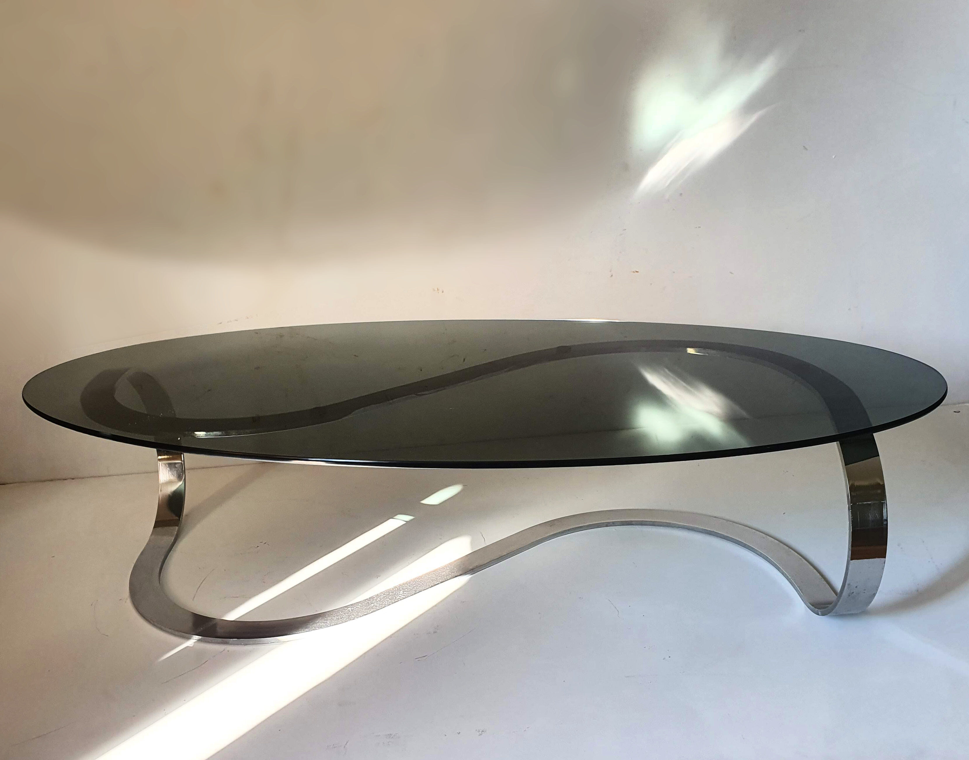 Oval coffee table chrome metal and smoked glass 70s