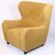 Armchair with ottoman - Over-upholstered - Patterned yellow fabric - Black legs - Danish design - 1940s style