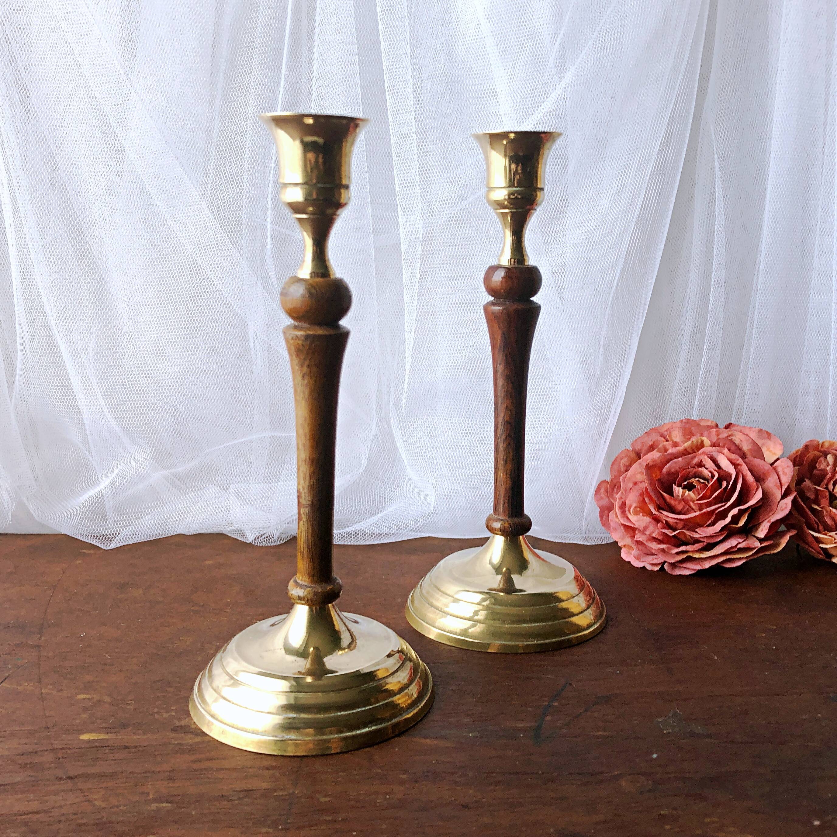 Pair of gilded brass and vintage Indian wood candlesticks