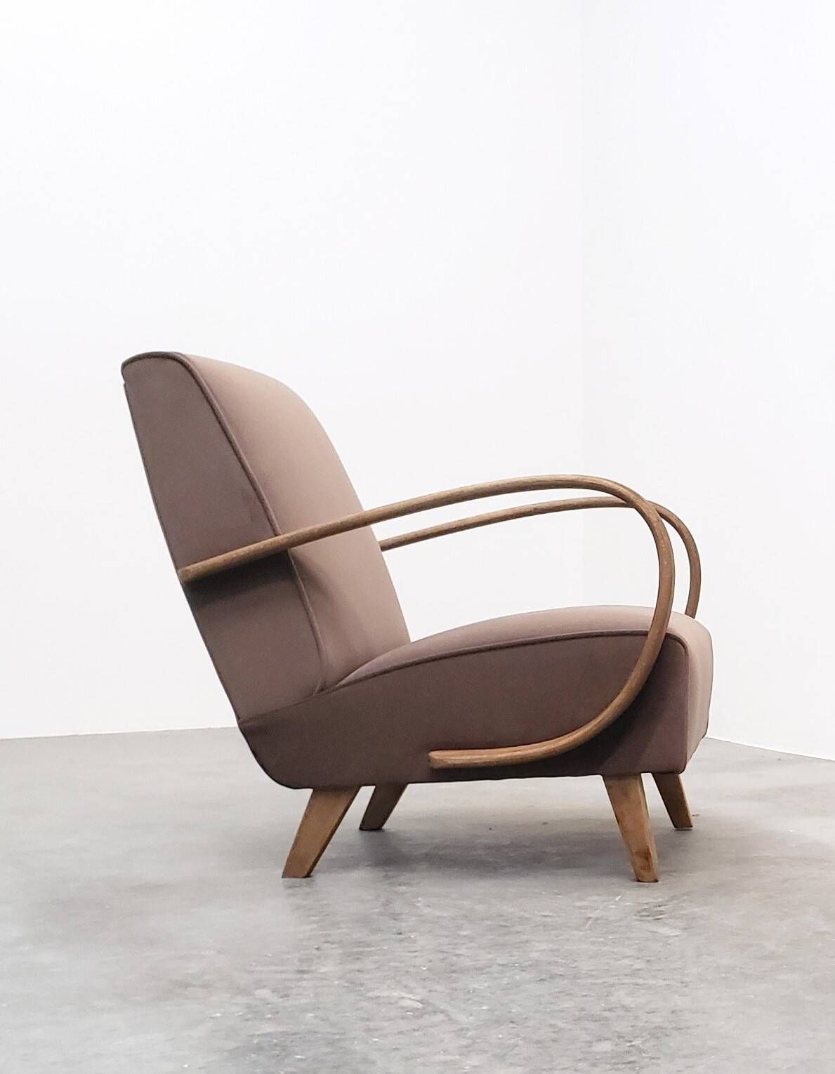 1930 Jindrich Halabala Bentwood Armchair in Dark Beige Velvet