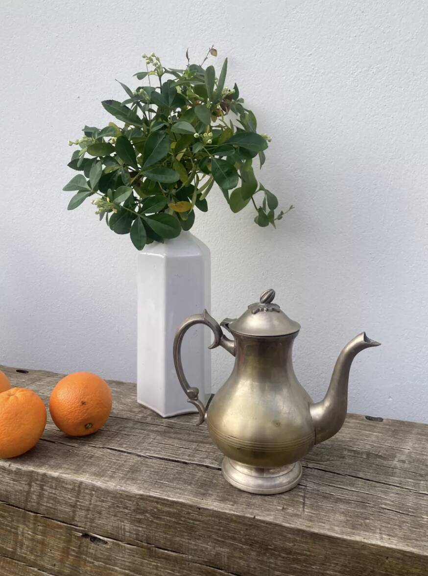 Large old English 19th century gilded metal teapot