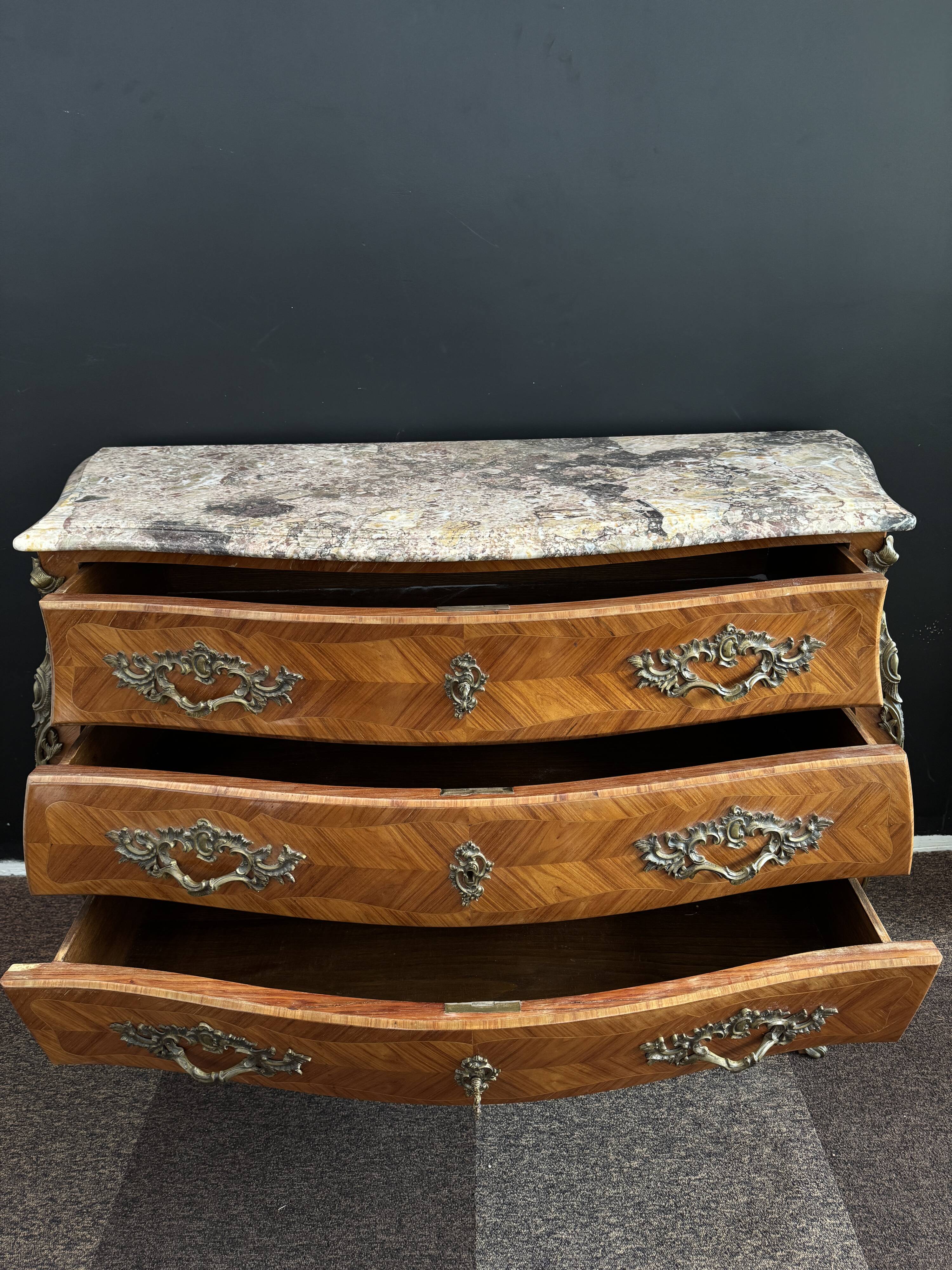 Bordeaux inlaid chest of drawers with marble and bronze ornament
