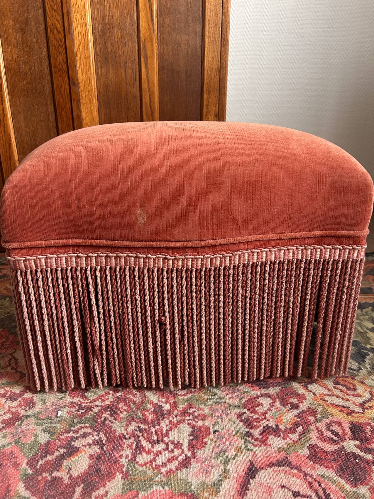 Vintage pink velvet fringe ottoman pouf