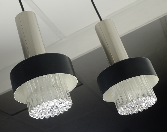 Mid century modern 3-light pendant lamp glass and chrome and black metal 1960s