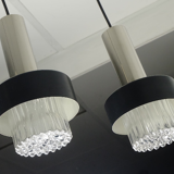 Mid century modern 3-light pendant lamp glass and chrome and black metal 1960s