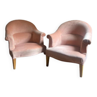 Paire de fauteuils crapaud ancien en velours rose