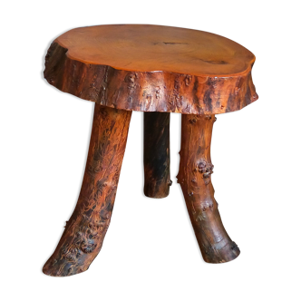 Table bout de canapé brutaliste en bois massif vintage