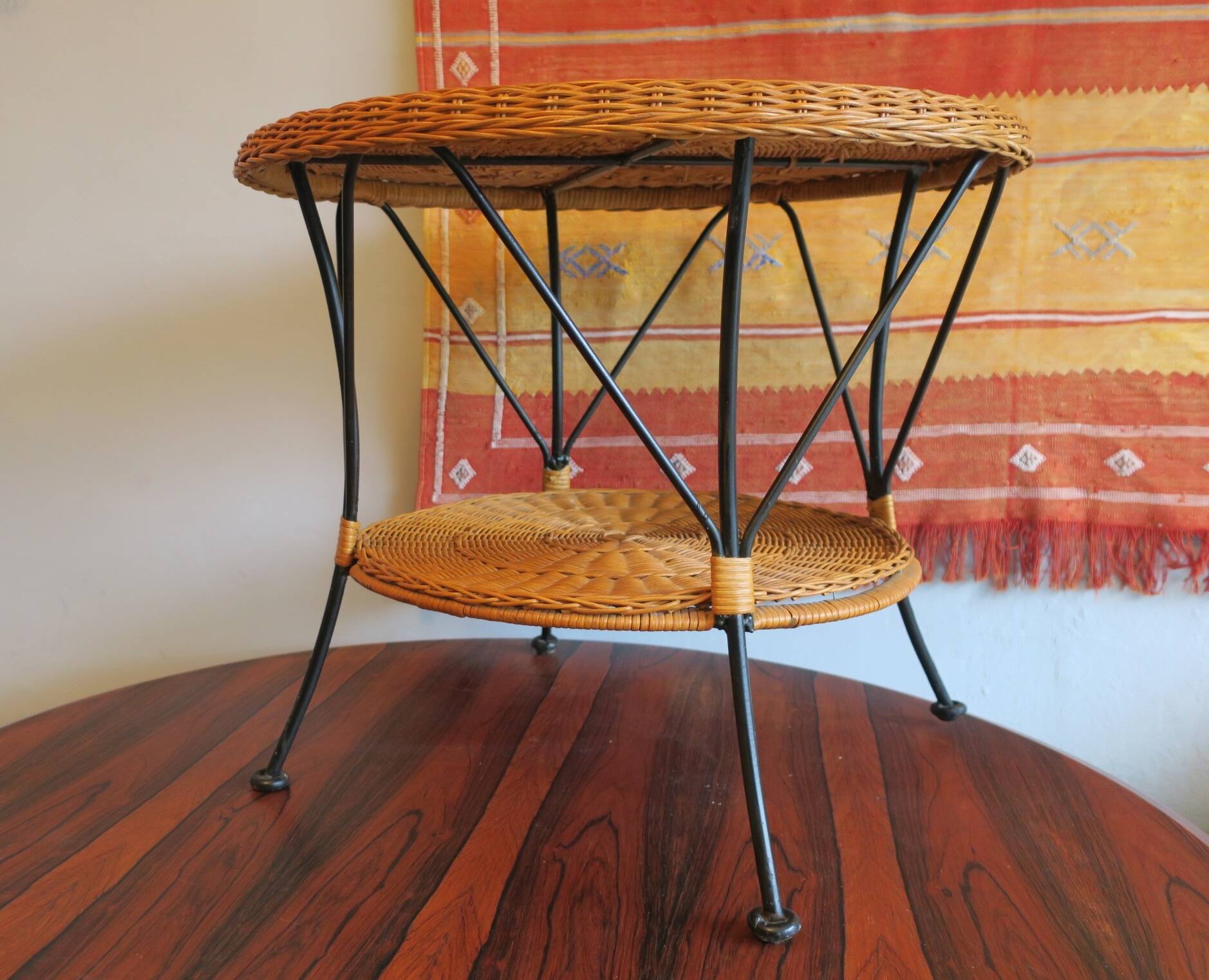 Mid century rattan and iron 2-level coffee or wine table, 1960s