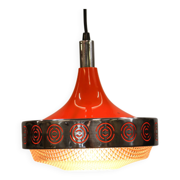 Lampe à pendentif vintage en chrome et orange - Éclairage massif belge des années 1970