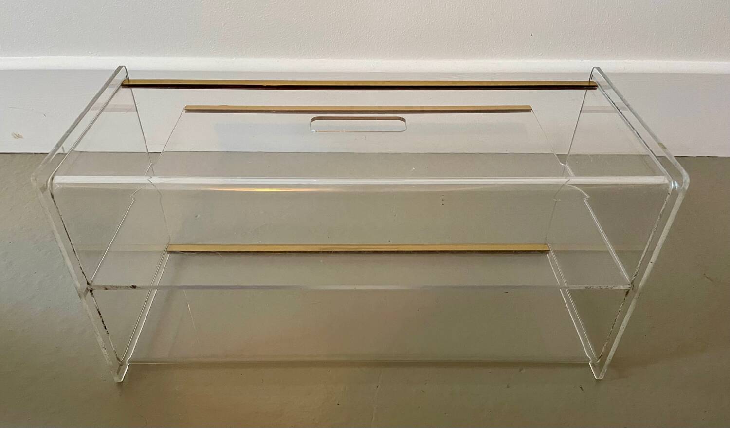 80s Plexiglas and brass magazine rack