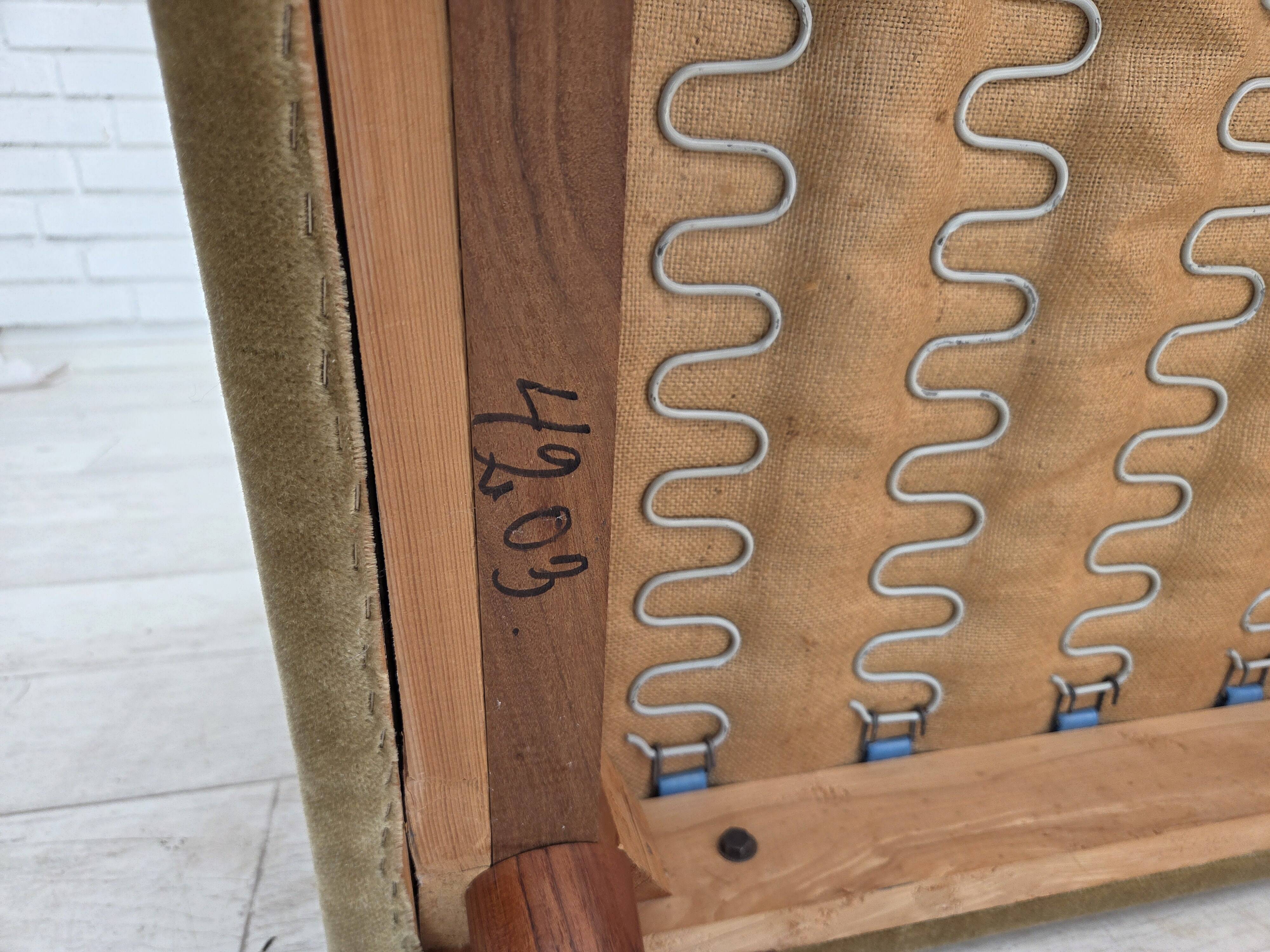 1970s, Danish armchair, original green furniture velour, teak wood legs.