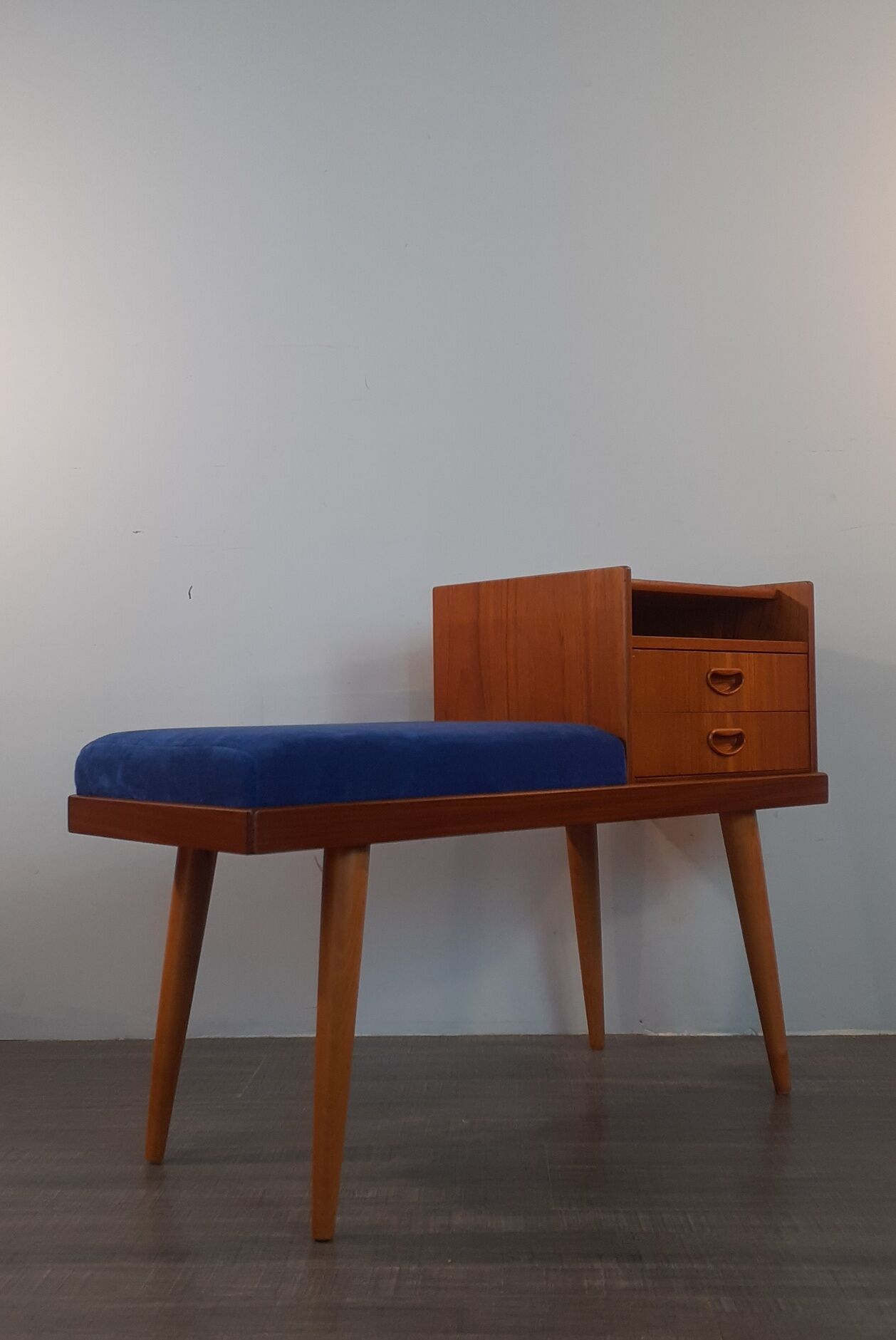 Bench Norwegian Phone Teak and blue fabric, Vintage Scandinavian 1970s