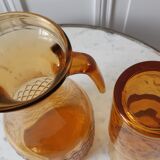 Set of carafe and 3 amber whisky glasses 70s