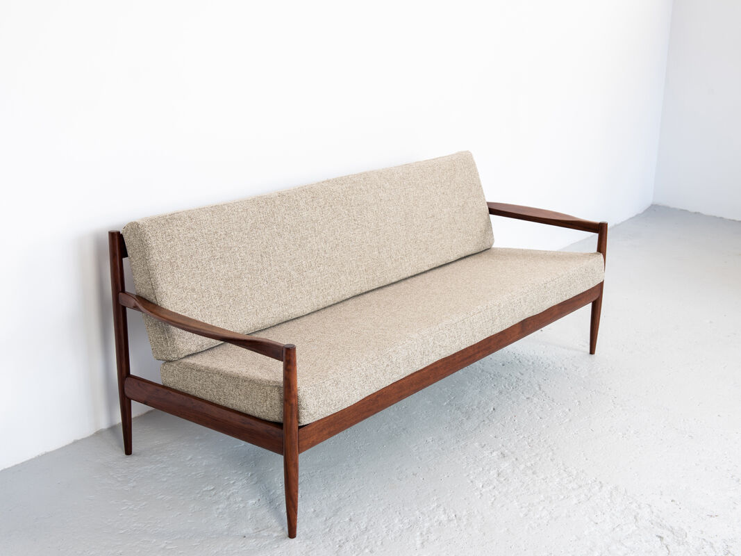 Sofa and armchairs set in walnut and fabric, 1960s