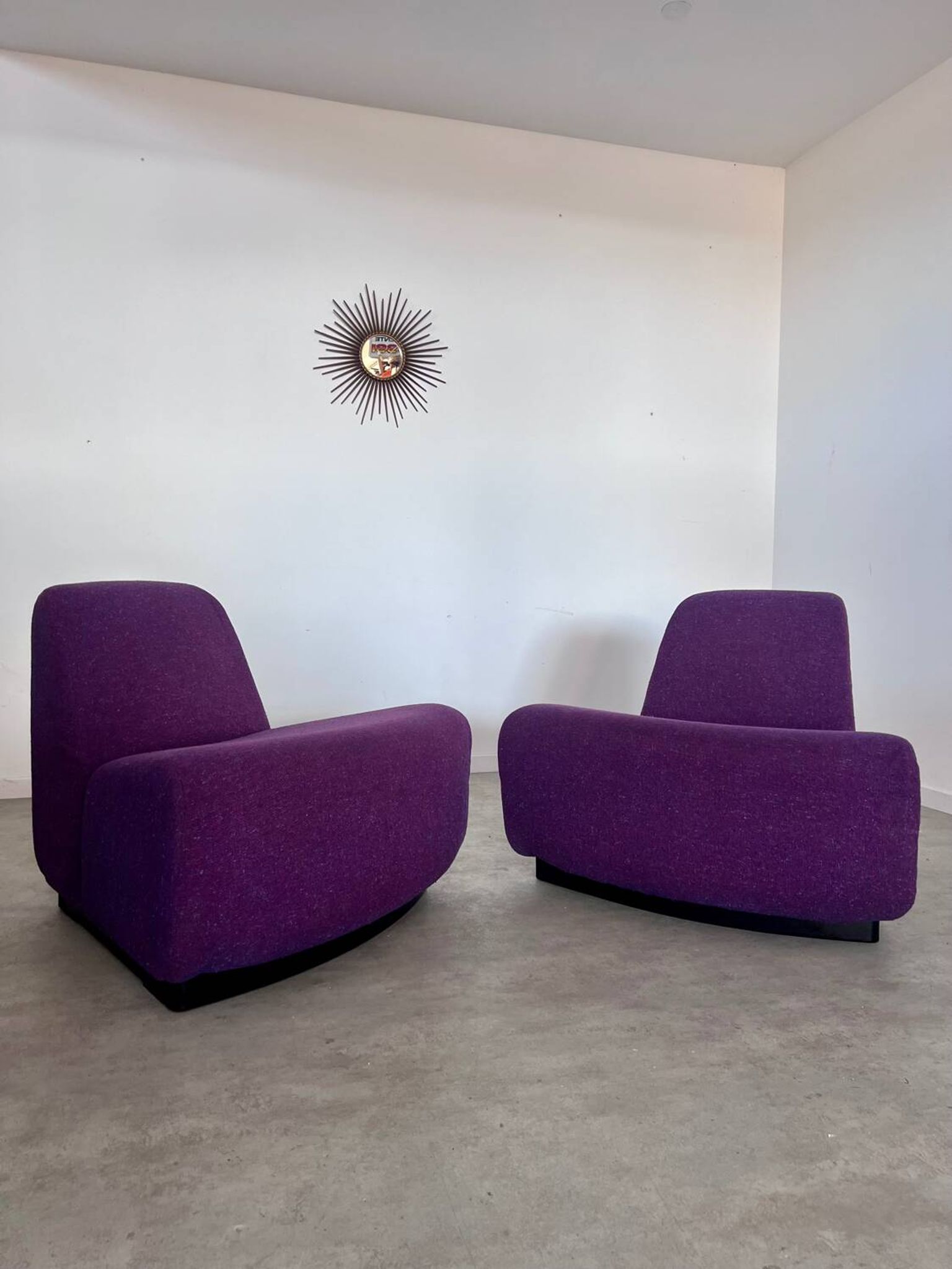 Lot 2 low chairs Space Age design from the 70s purple fabric vintage armchair