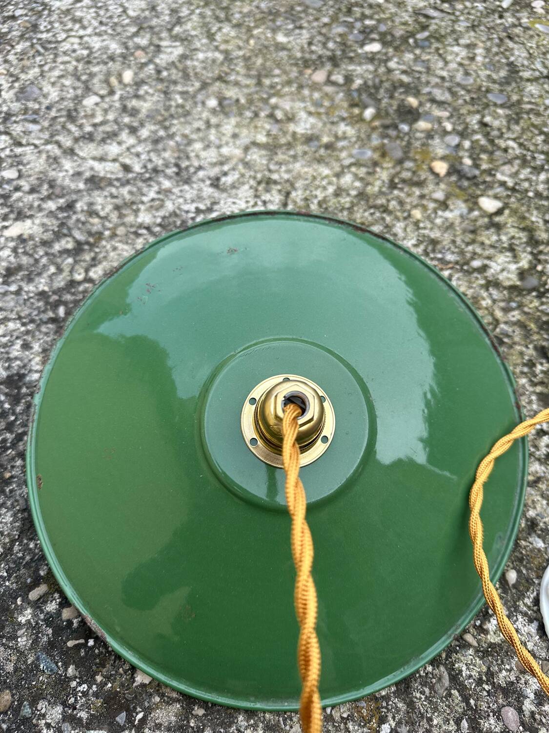 Pendant light indust enameled sheet metal vintage old farmhouse green and white