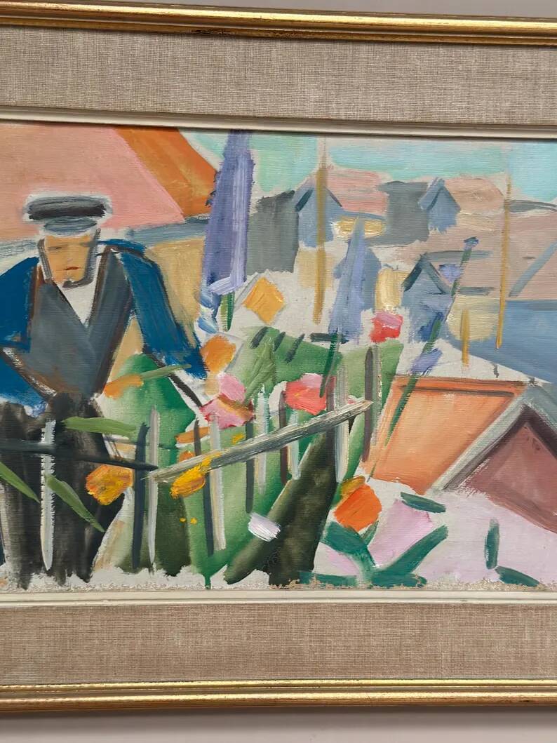 Swedish Original Oil on Canvas – "Figure Near a Flower Fence" by Carl Gunne – Signed – Vintage and Framed – 69.5 × 48 cm (27.4" × 18.9")