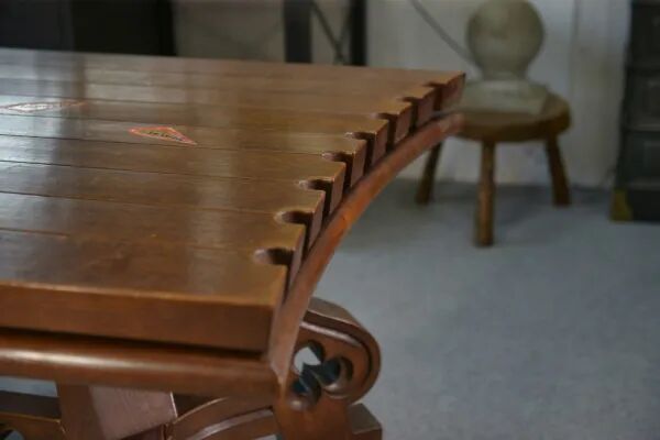 Rustic oak table with ceramic inlays by a student of Joseph Savina 1950s