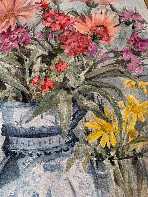 Old watercolor signed Jany. F. Millet (1926-1992), bouquet of flowers under framed glass, 1950