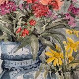 Old watercolor signed Jany. F. Millet (1926-1992), bouquet of flowers under framed glass, 1950