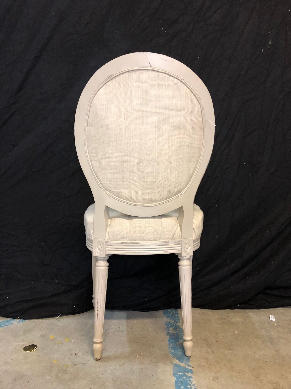 Louis xvi medallion style chairs patinated wood & beige updaped fabric