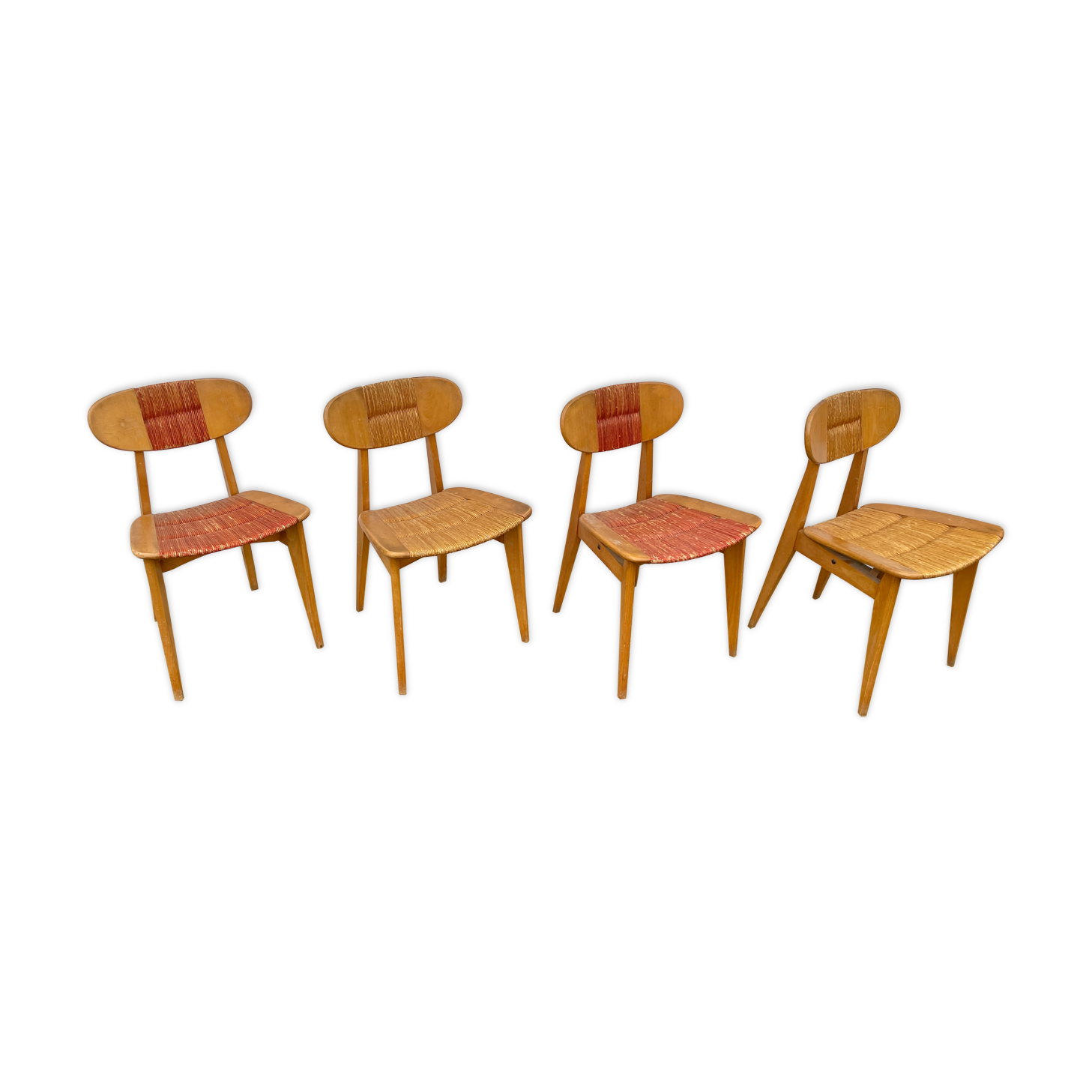 Série de 4 chaises paillées 1950 Roger landault  éditeur robert sentou