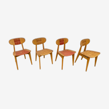 Série de 4 chaises paillées 1950 Roger landault  éditeur robert sentou