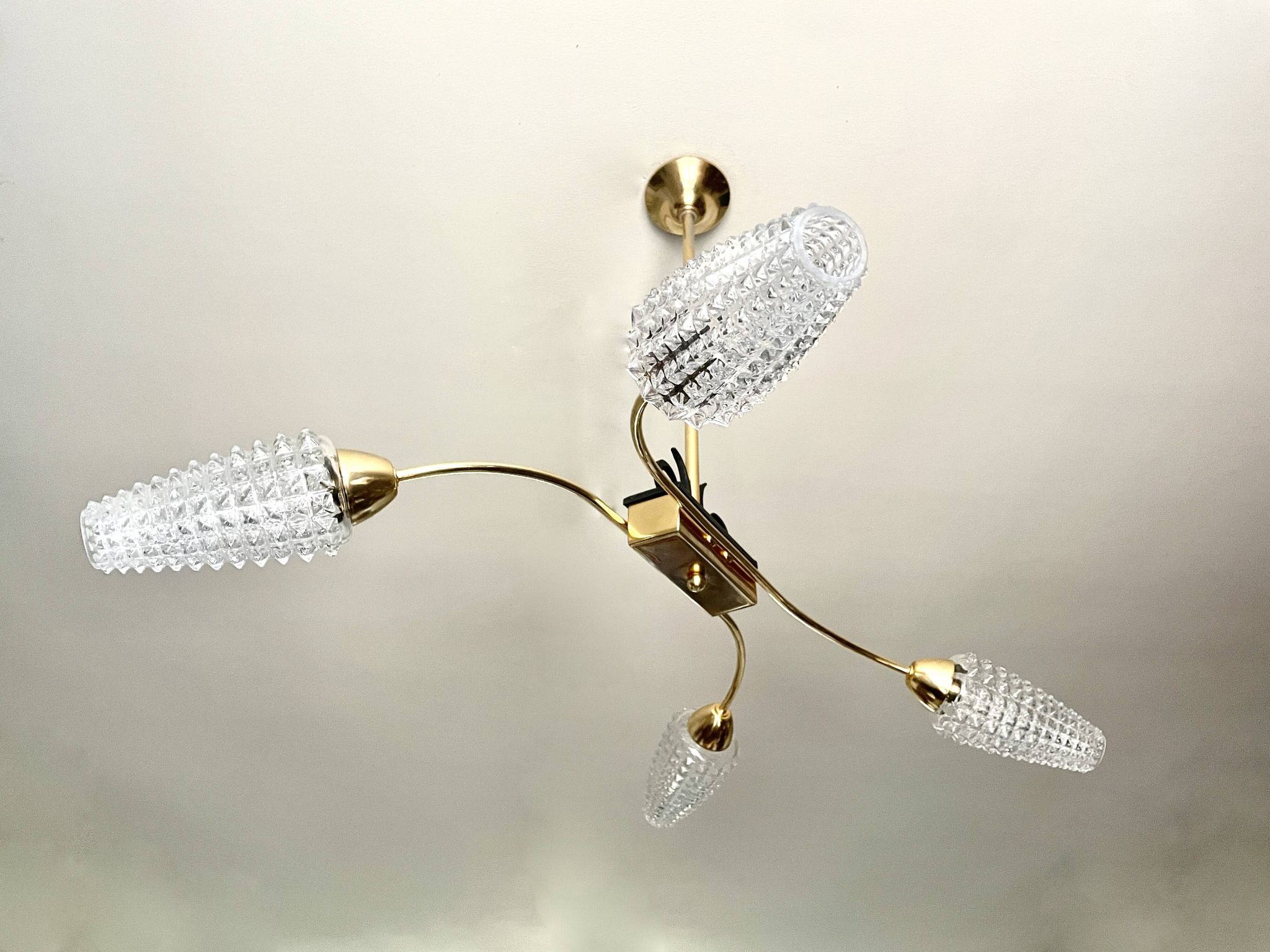 Golden brass chandelier with 4 tulips Arlus 1950