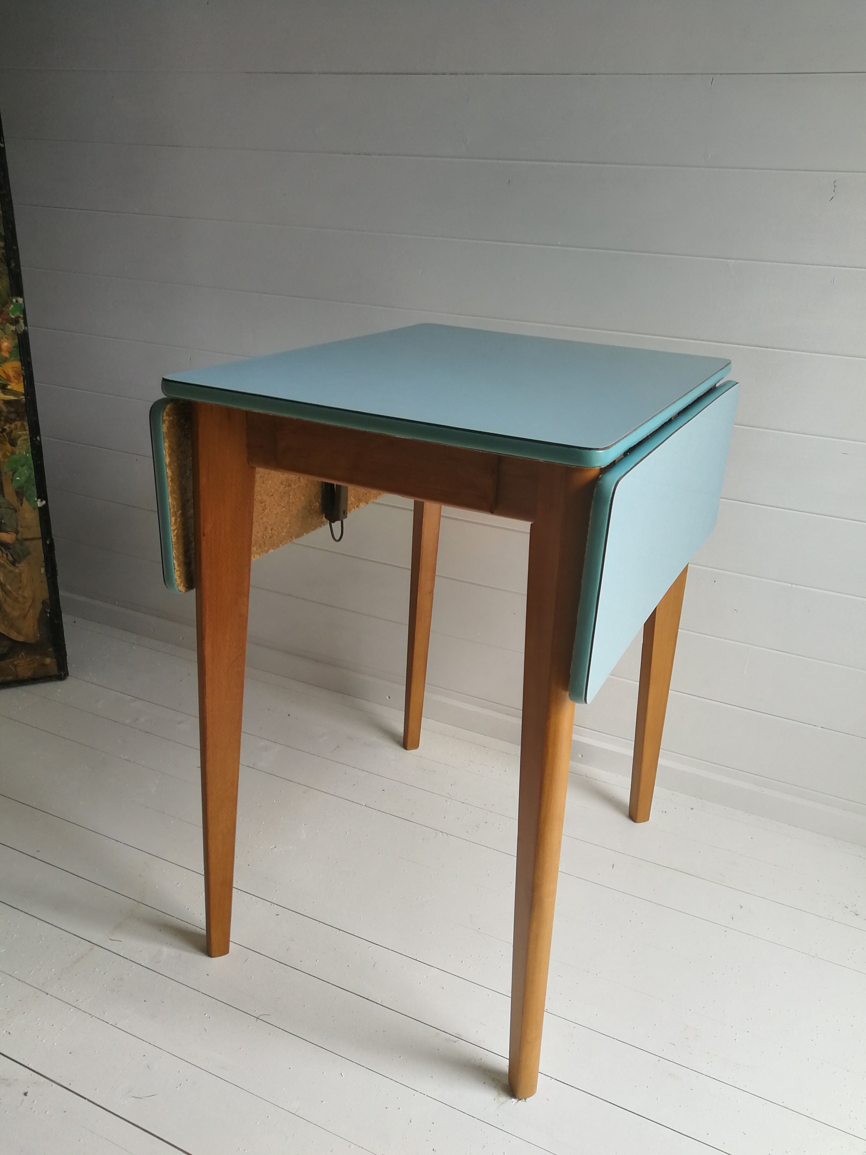 1950’S Blue Formica Drop Leaf Kitchen Dinning Table With Wooden Legs, Vintage, Retro, Mid Century.