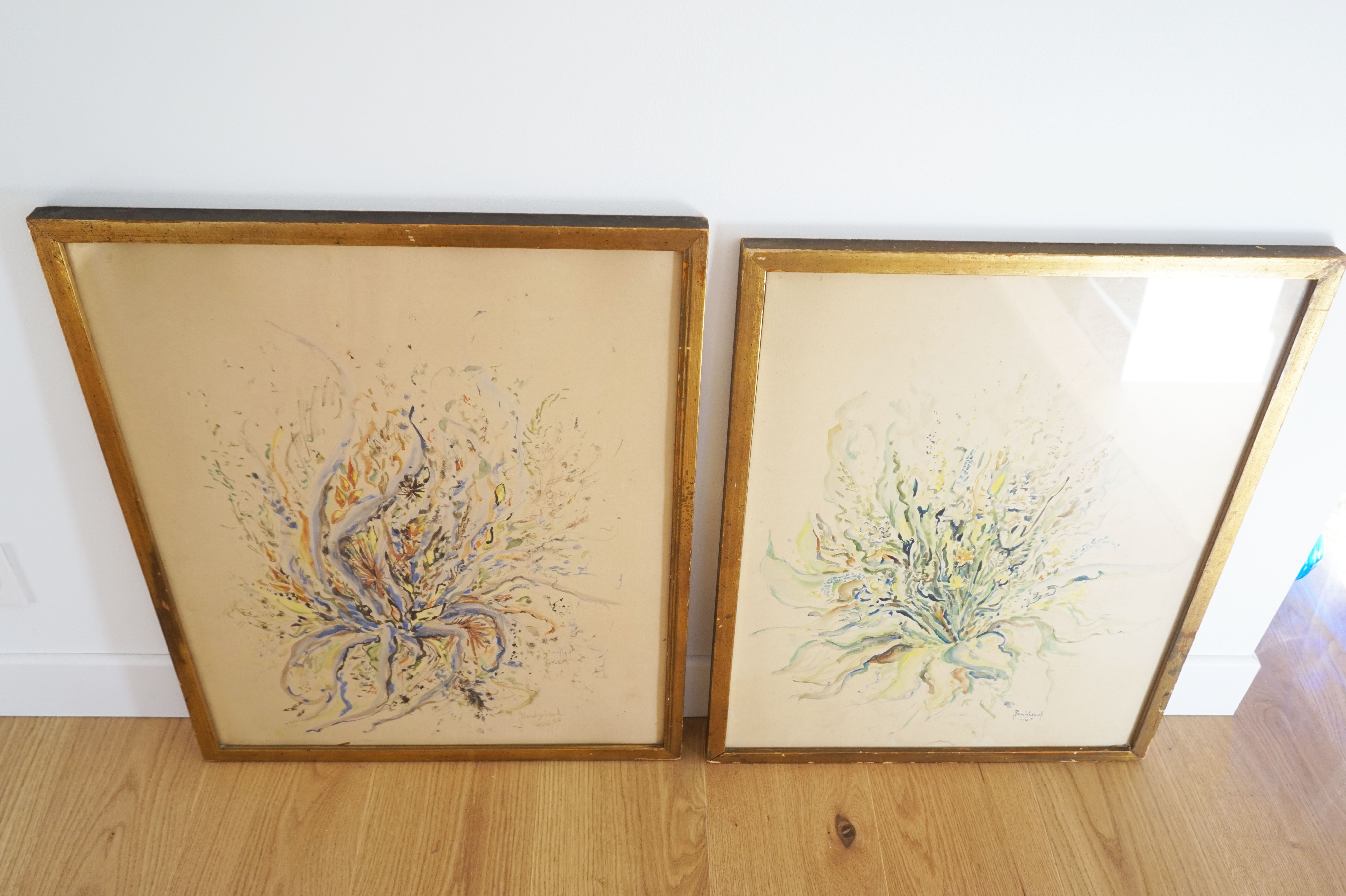 Pair of vintage paintings 1950 frame gilded wood