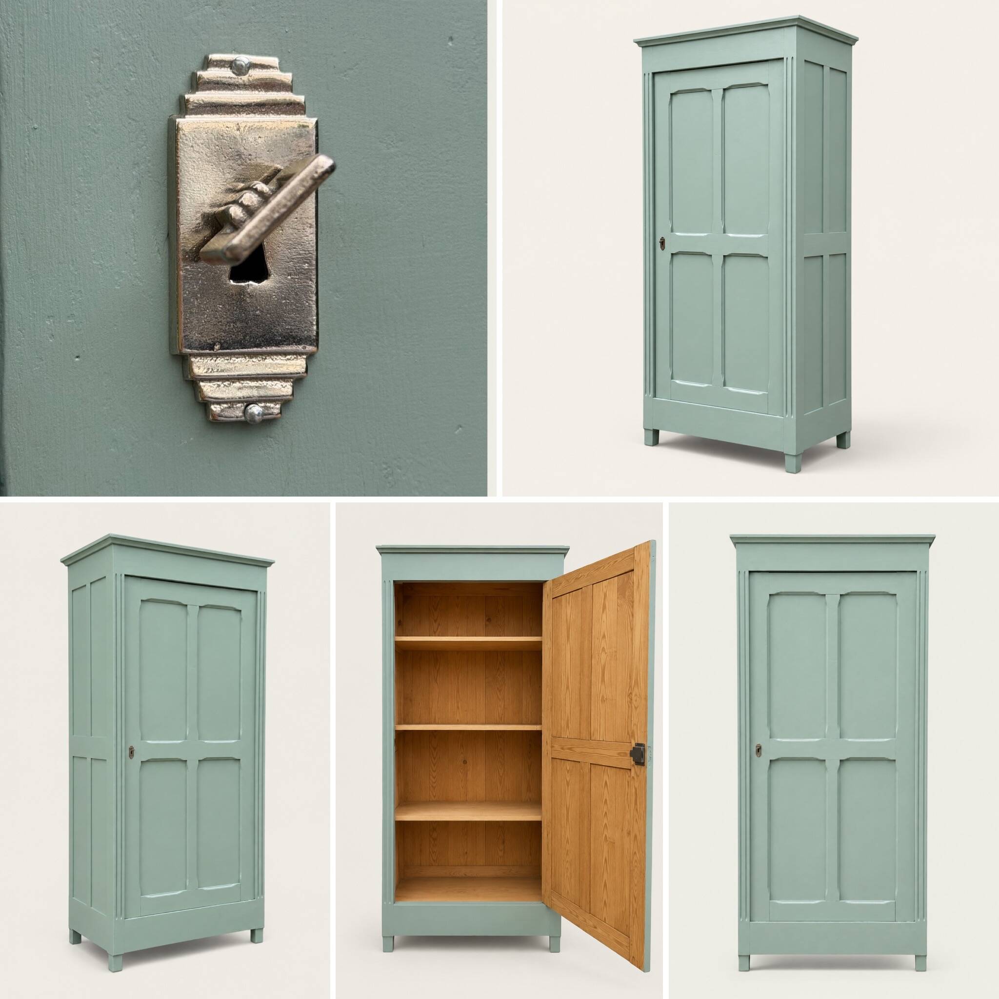 Antique Parisian wardrobe in grey-green solid pine.
