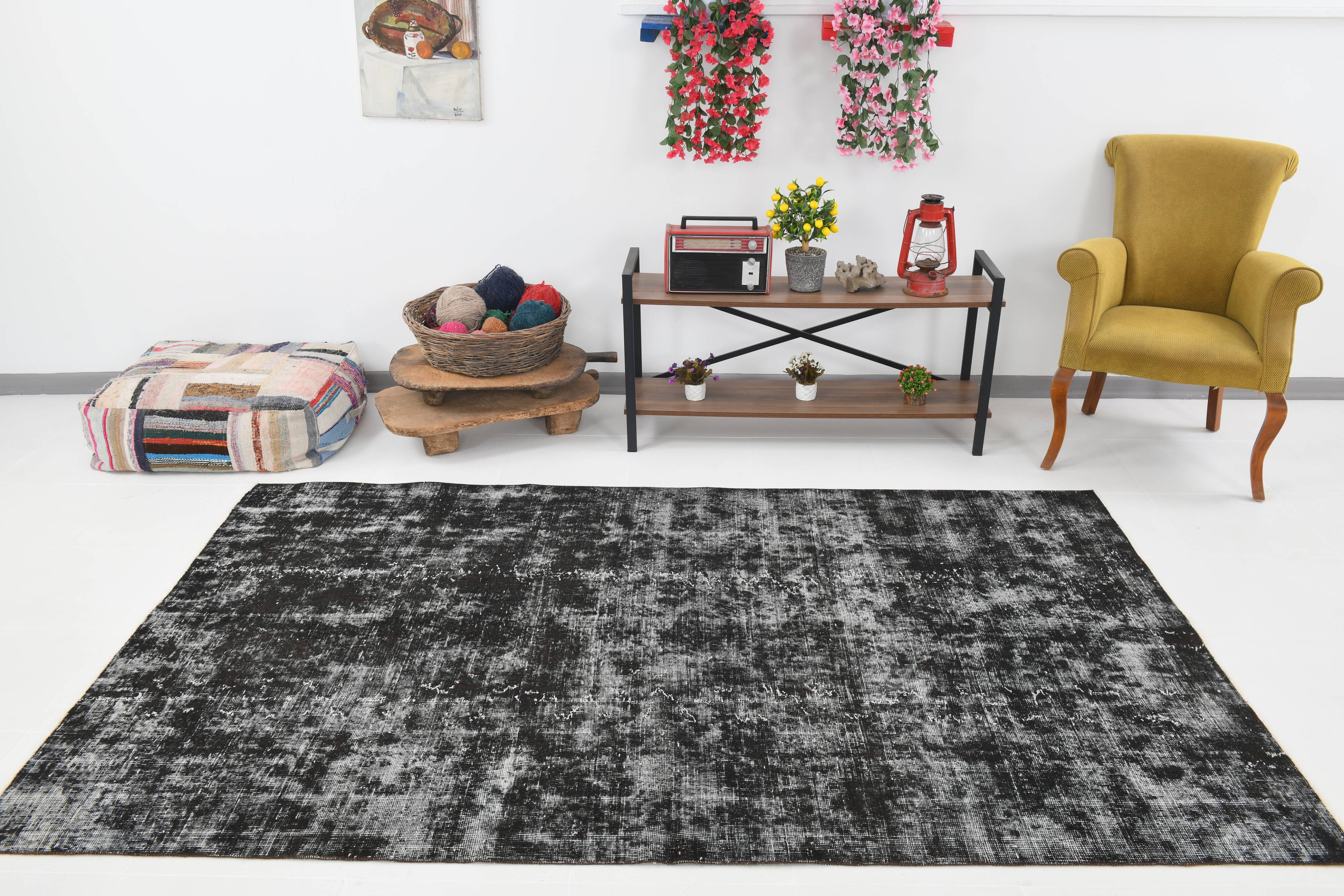 Black gray tones anatolian handmade vintage rug 260x158cm