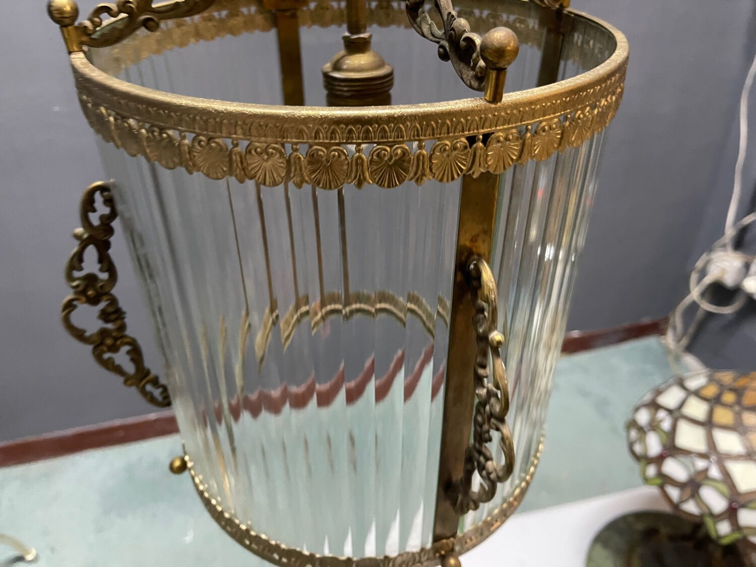 Brass Ribbed Glass Light Pendant 1950’s