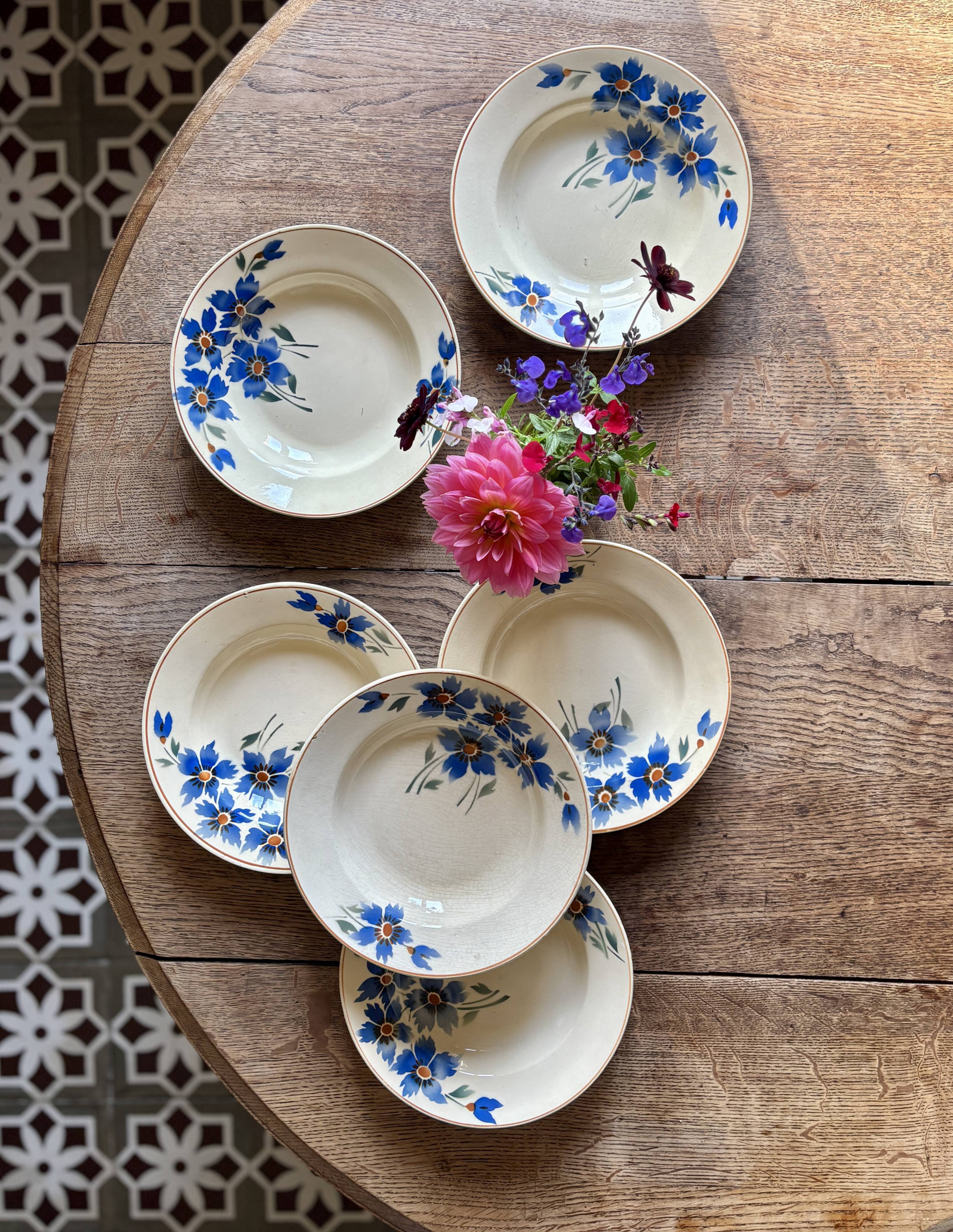 Set of 6 old-fashioned soup plates with blueberry decorations