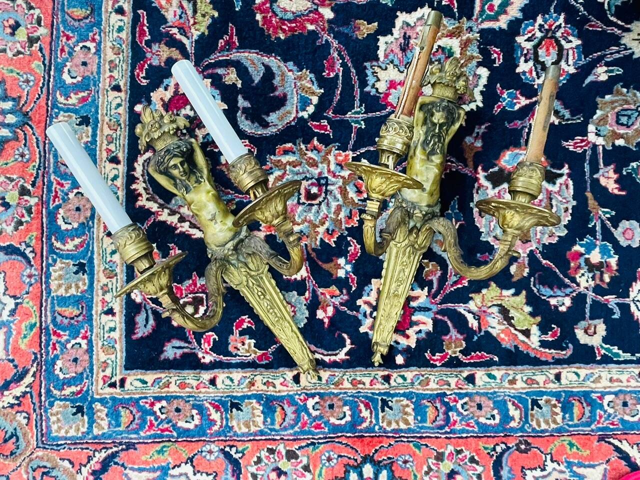 Pair of gilt bronze wall sconces with caryatid and Atlante decoration, 18th century.