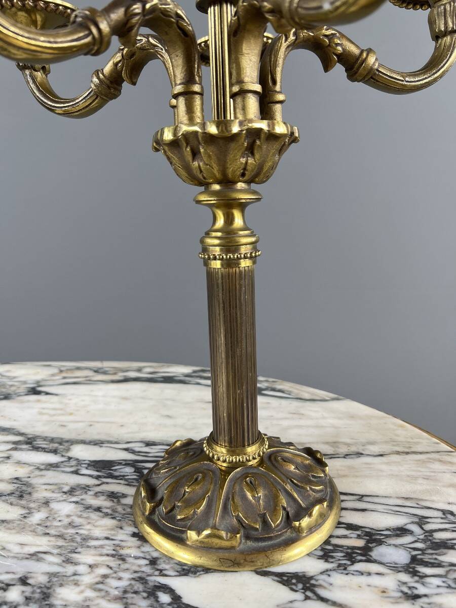 Pair of gilded bronze candelabra with 5 lights, Louis XVI style, 20th century.