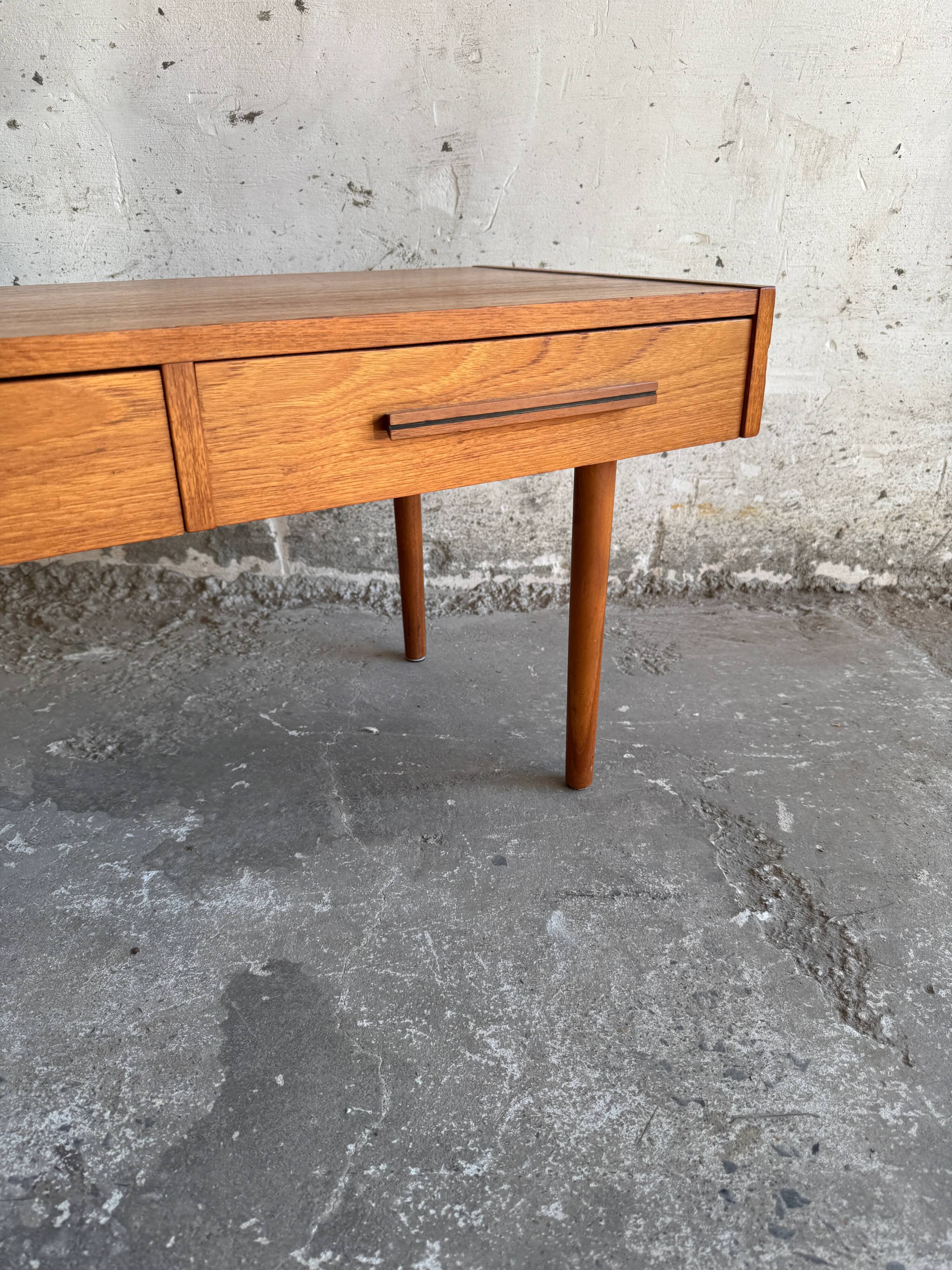 Low Danish Teak Cabinet by Millenium Design — Warm Teak Veneer, Two Drawers, Tapered Legs