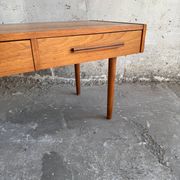 Low Danish Teak Cabinet by Millenium Design — Warm Teak Veneer, Two Drawers, Tapered Legs