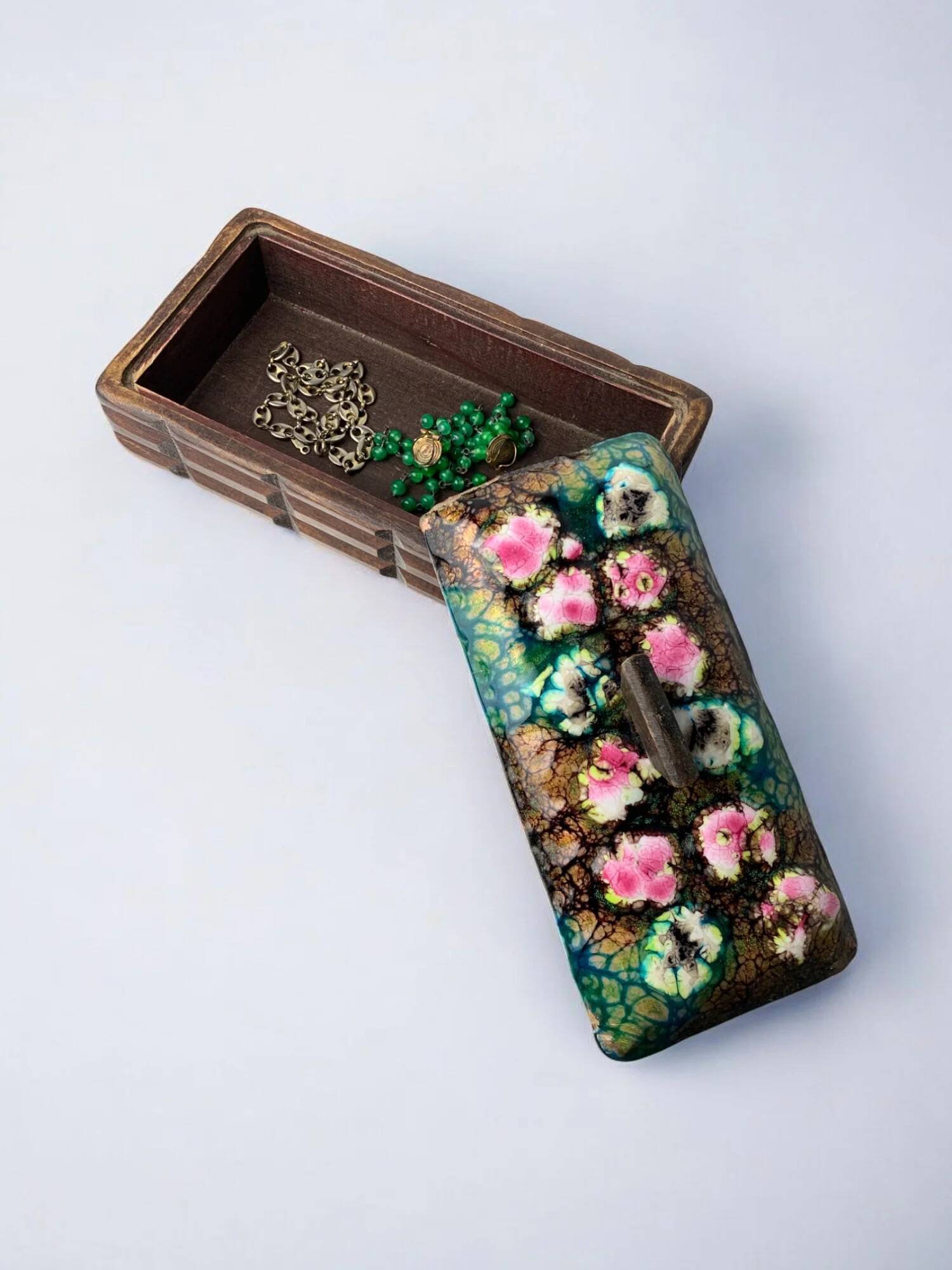 Modernist wood and enamel vanity box by J. Capo Esmaltes, Spain, circa 1970