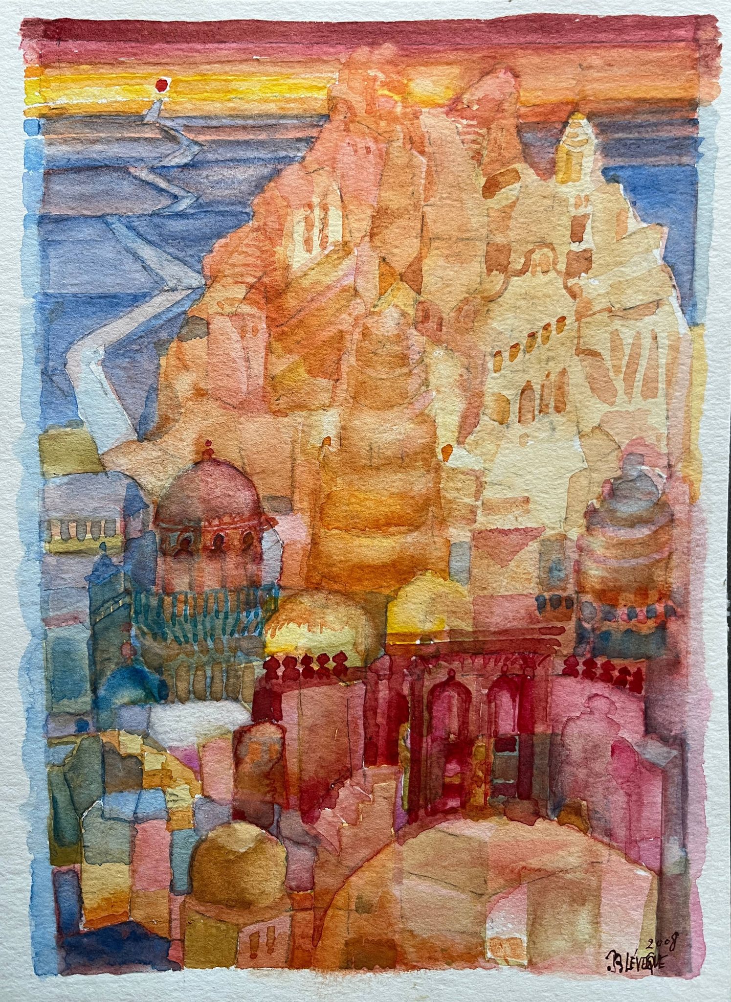 Set of 7 watercolor paintings signed B. Lévêque Burgundy Brittany