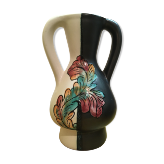 Vase Vallauris noir et blanc avec fleur H. Caillet