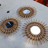 3 Small Vintage Rattan Sun Mirrors