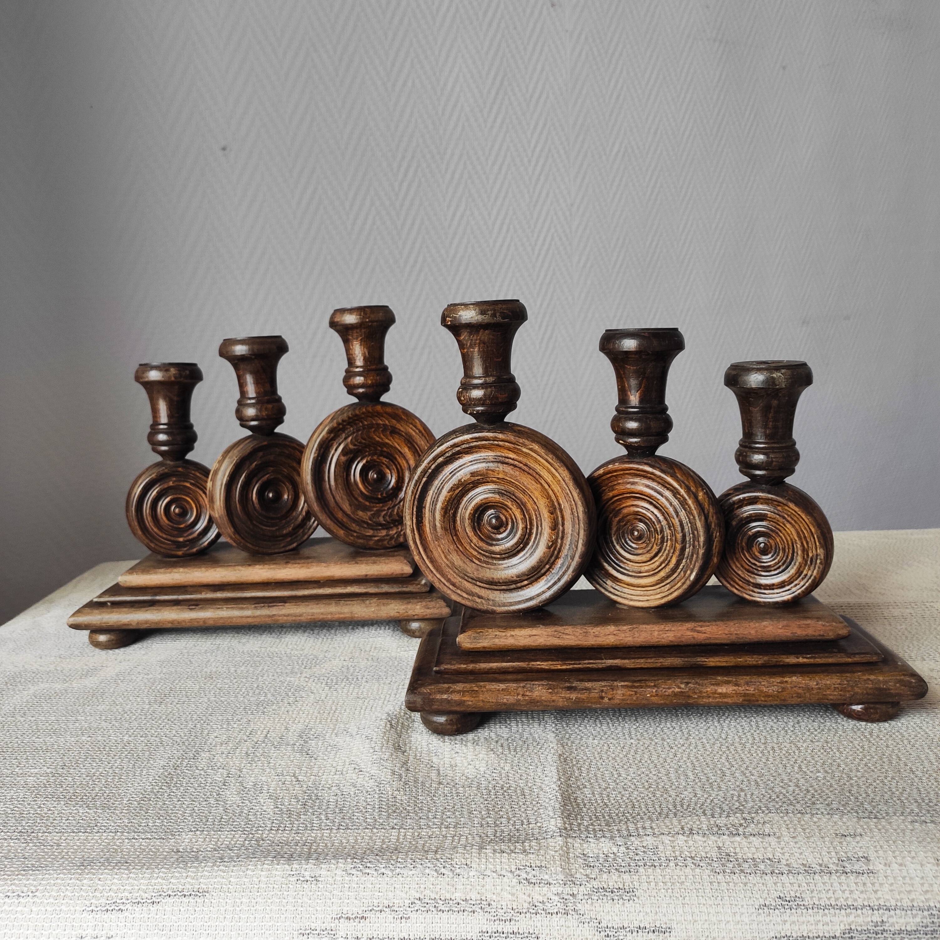 Brutalist turned wood candlestick holders – vintage 50s-60s