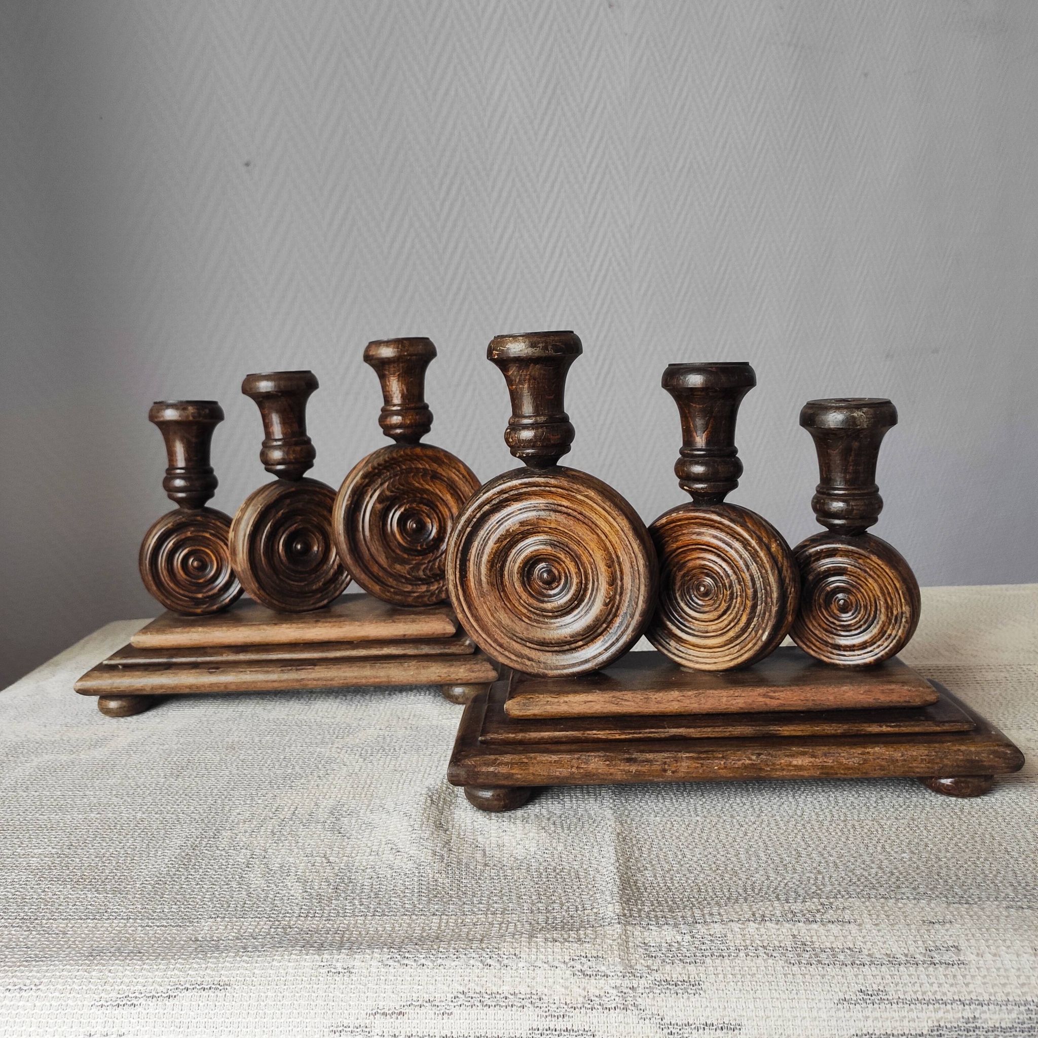 Brutalist turned wood candlestick holders – vintage 50s-60s