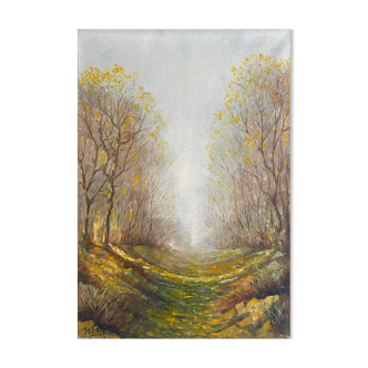 Painting "Autumn wooded landscape" path in undergrowthHST signed to decipher