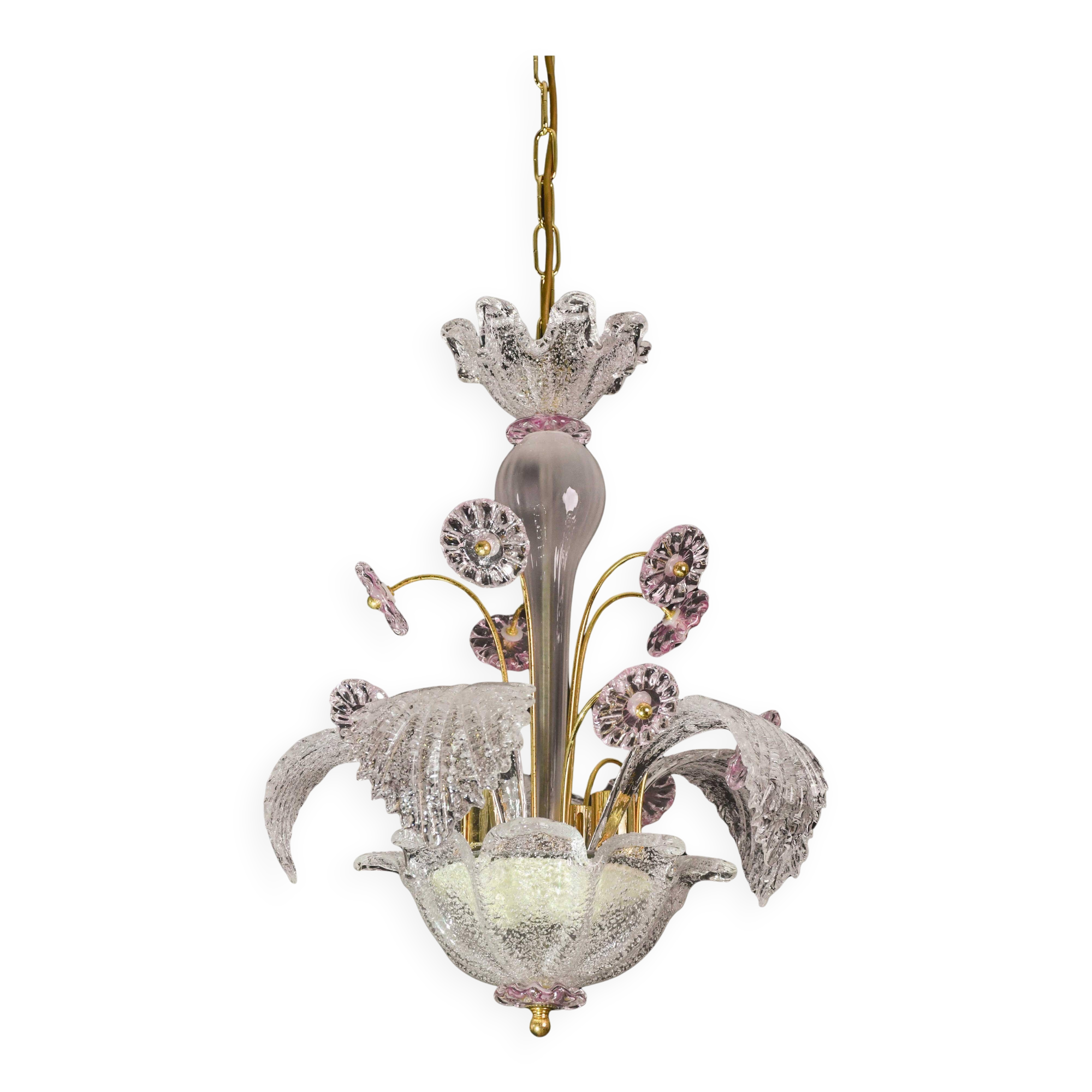 vintage Venetian chandelier, pink flower Murano glass, 1970s