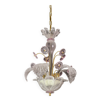 vintage Venetian chandelier, pink flower Murano glass, 1970s