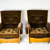 Pair of G-plan saddle back teak armchairs & footstool