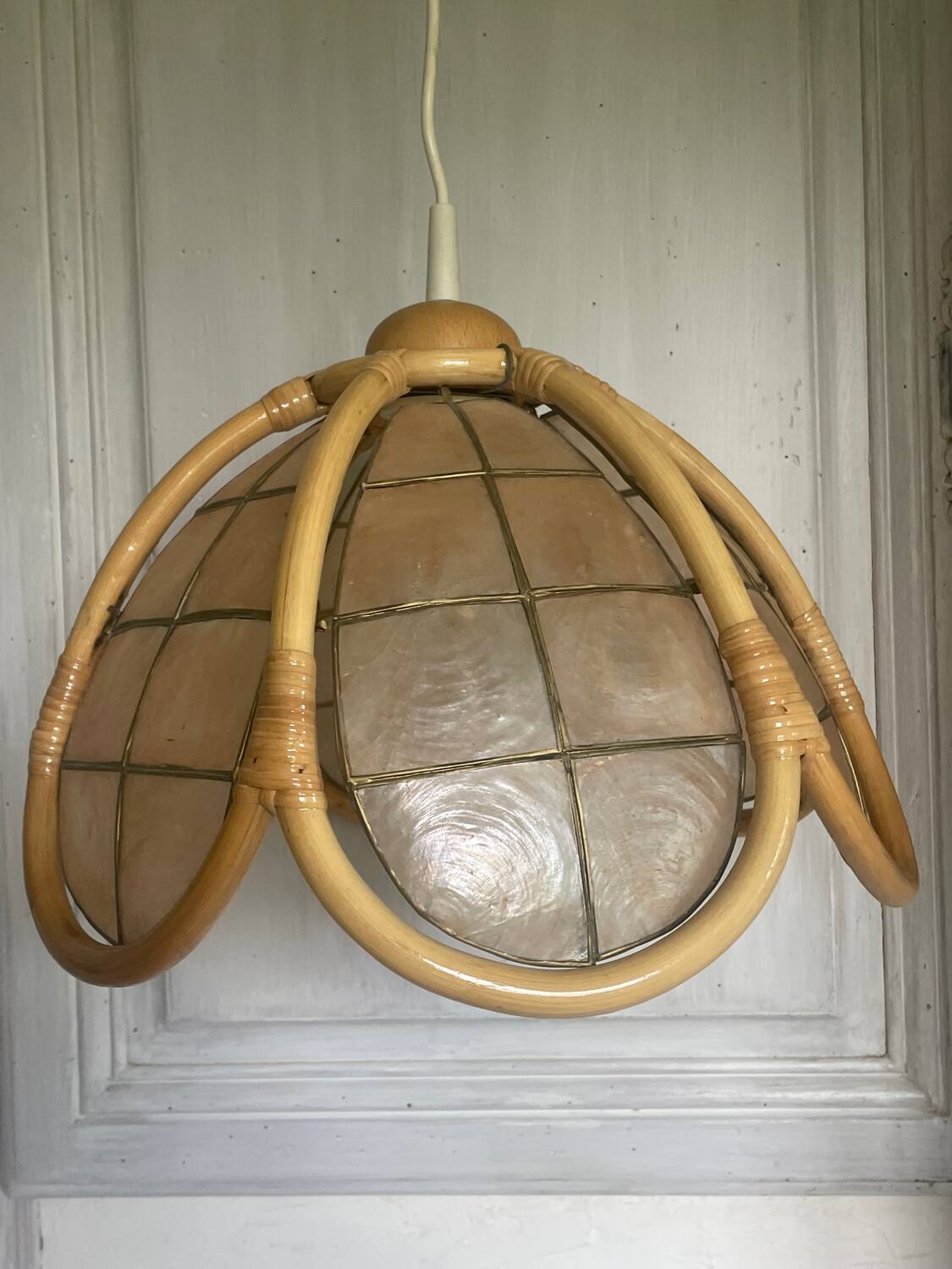 Vintage mother-of-pearl and rattan pendant light